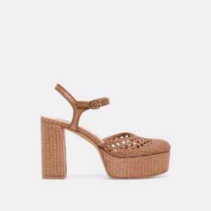 GERO HEELS MID BROWN WOVEN RAFFIA
